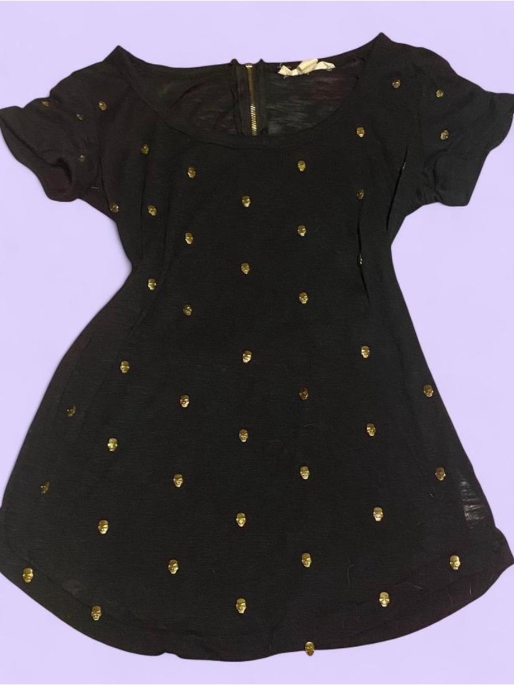 Black Short Sleeve Top with Gold Skull Stud Details & Zipper - Women's Top
